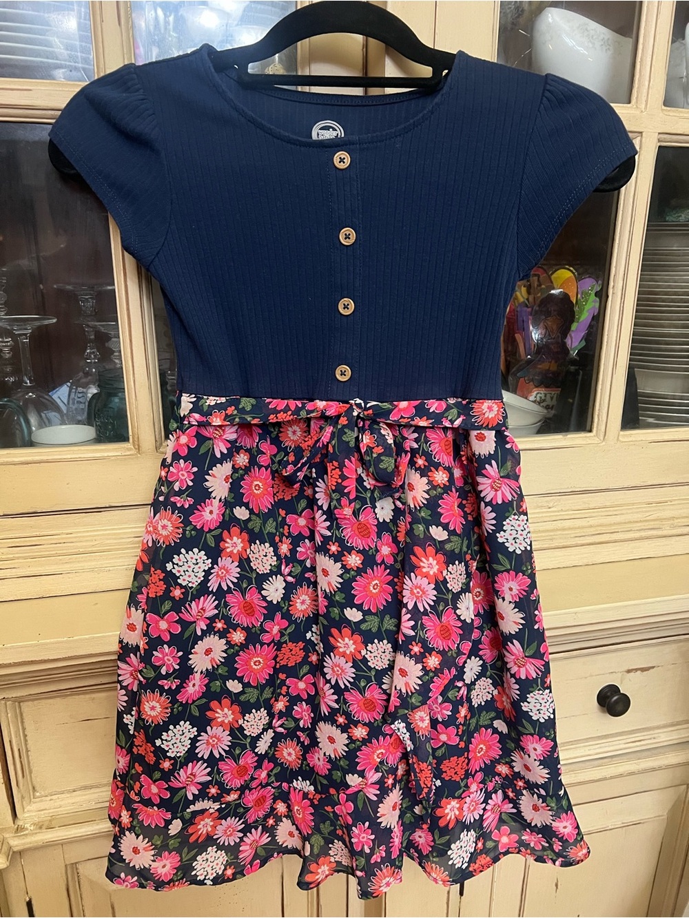 wonder nation Navy Blue Ribbed Top Floral Tie-Waist Dress